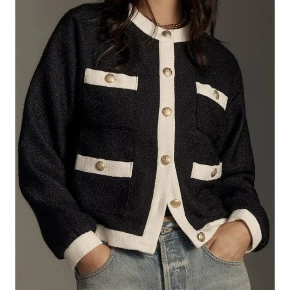 Anthropologie Colorblock Tweed Coatigan – Black & White | Gold Buttons | Size S